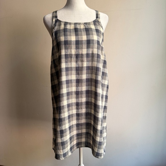 Opia Dresses & Skirts - Opia Gingham Linen Dress Grey White Large Relaxed Coastal Cottagecore
